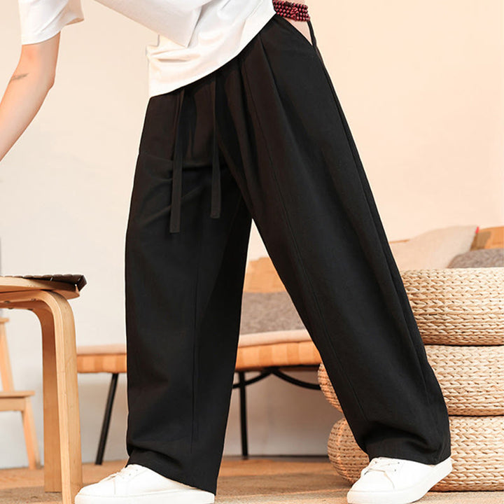 Buddha Stones Pantaloni estivi casual minimalisti con coulisse in cotone tinta unita, pantaloni da uomo a gamba dritta con tasca - image 5