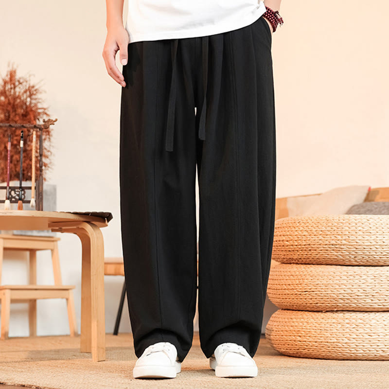 Buddha Stones Pantaloni estivi casual minimalisti con coulisse in cotone tinta unita, pantaloni da uomo a gamba dritta con tasca - Nero - US/UK/AU46, EU56 (5XL) - image 3