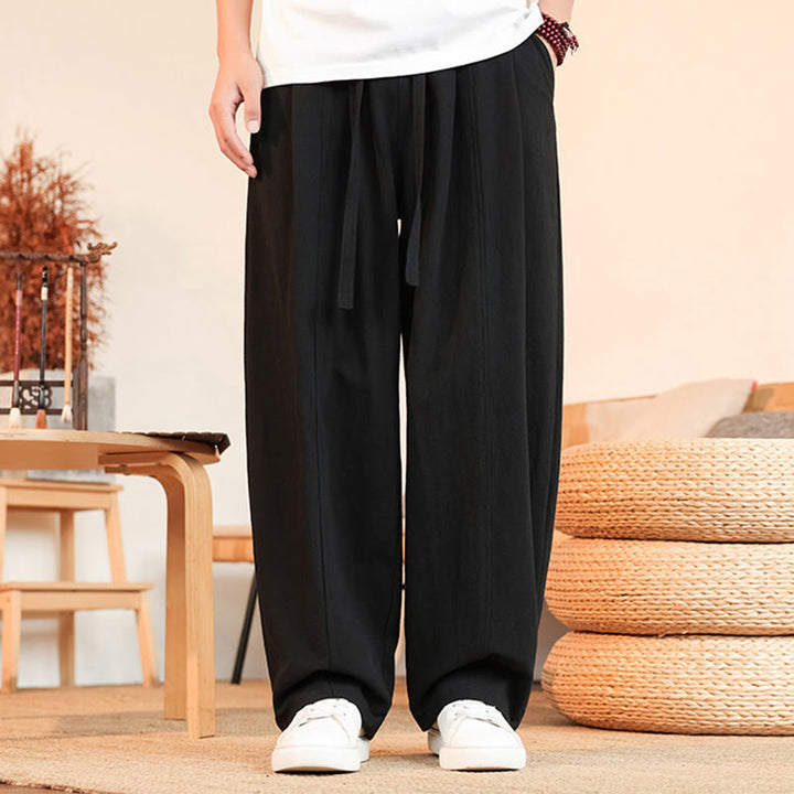 Buddha Stones Pantaloni estivi casual minimalisti con coulisse in cotone tinta unita, pantaloni da uomo a gamba dritta con tasca - Nero - US/UK/AU46, EU56 (5XL) - image 3