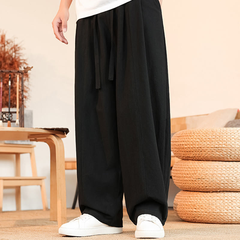 Buddha Stones Pantaloni estivi casual minimalisti con coulisse in cotone tinta unita, pantaloni da uomo a gamba dritta con tasca - image 4