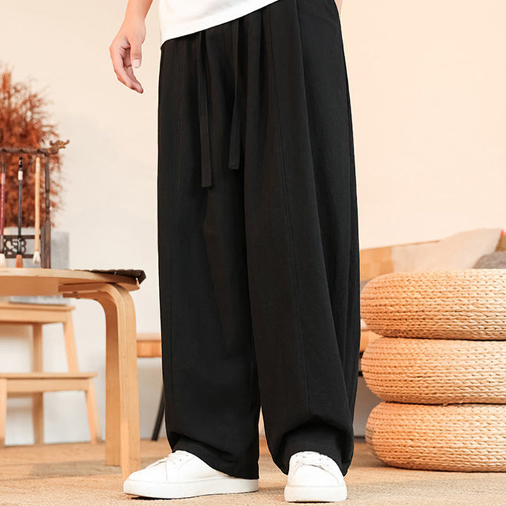 Buddha Stones Pantaloni estivi casual minimalisti con coulisse in cotone tinta unita, pantaloni da uomo a gamba dritta con tasca - image 4