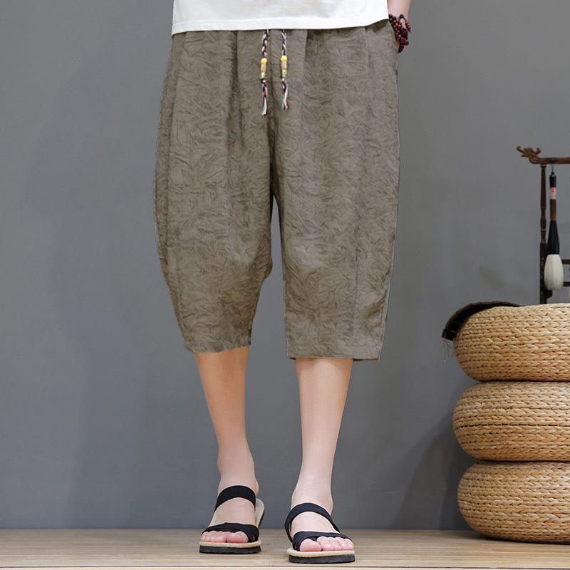 Buddha Stones Pantaloncini da uomo estivi casual in stile boho con coulisse e stampa astratta, con tasca. - Tan - US/UK/AU48, EU58 (6XL) - image 0