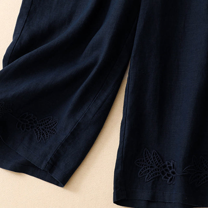 Buddha Stones Pantaloni estivi casual con orlo ricamato a traforo, tinta unita, alla caviglia, pantaloni harem da donna con tasca - image 6