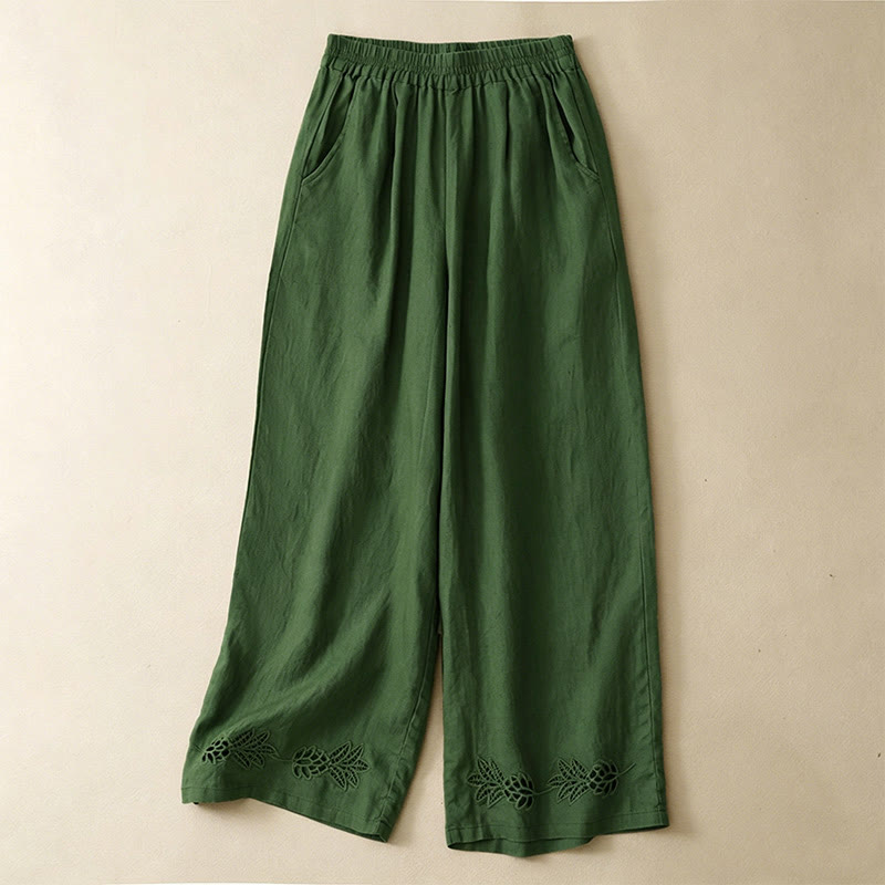 Buddha Stones Pantaloni estivi casual con orlo ricamato a traforo, tinta unita, alla caviglia, pantaloni harem da donna con tasca - Verde oliva - US8-10, UK/AU12-14, EU40-42 (2XL) - image 0