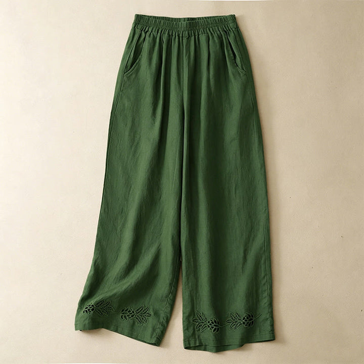 Buddha Stones Pantaloni estivi casual con orlo ricamato a traforo, tinta unita, alla caviglia, pantaloni harem da donna con tasca - Verde oliva - US8-10, UK/AU12-14, EU40-42 (2XL) - image 0