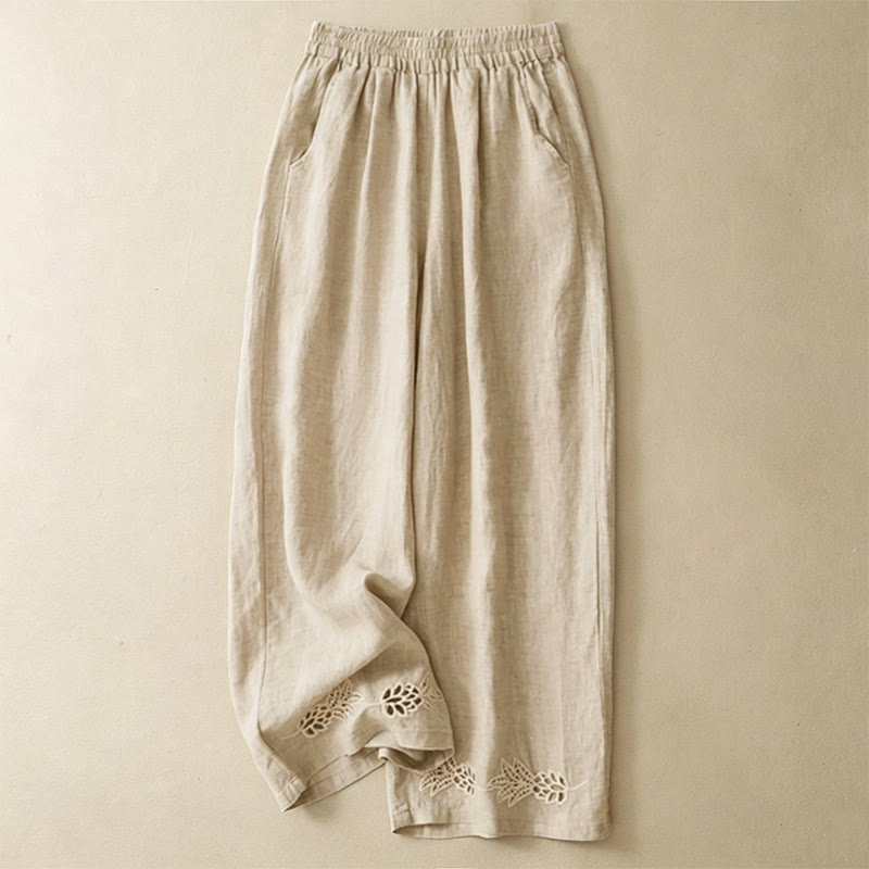 Buddha Stones Pantaloni estivi casual con orlo ricamato a traforo, tinta unita, alla caviglia, pantaloni harem da donna con tasca - Beige - US8-10, UK/AU12-14, EU40-42 (2XL) - image 11