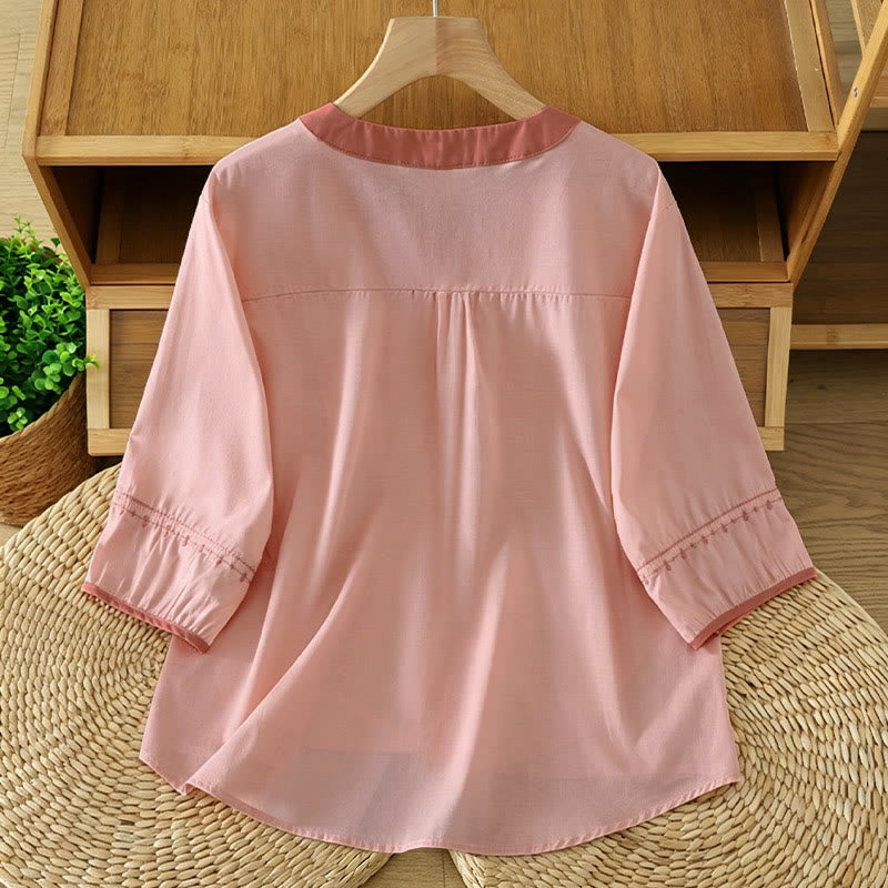 Buddha Stones Camicia da donna estiva casual vintage a maniche corte con bottoni e cuciture decorative. - image 1