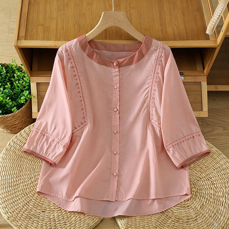 Buddha Stones Camicia da donna estiva casual vintage a maniche corte con bottoni e cuciture decorative. - Rosa chiaro - US8-10, UK/AU12-14, EU40-42 (2XL) - image 0