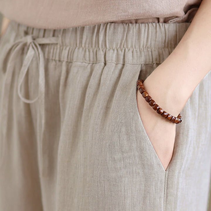 Buddha Stones Pantaloni corti estivi casual con coulisse, tinta unita, da donna, modello harem con tasca - image 6