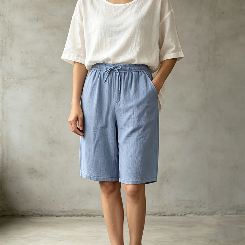 Pantaloncini Bermuda da donna a gamba dritta con coulisse, modello estivo casual con stampe Buddha Stones, con tasche. - image 17