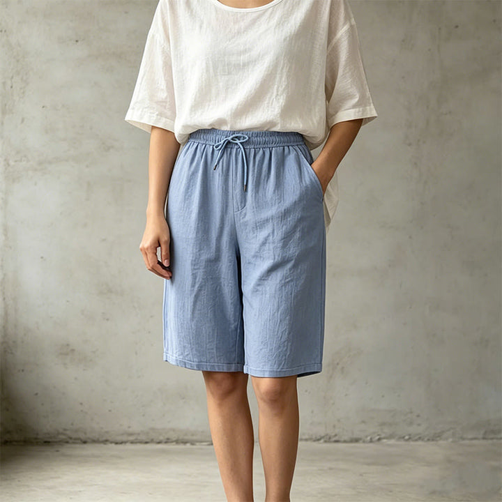 Pantaloncini Bermuda da donna a gamba dritta con coulisse, modello estivo casual con stampe Buddha Stones, con tasche. - image 17