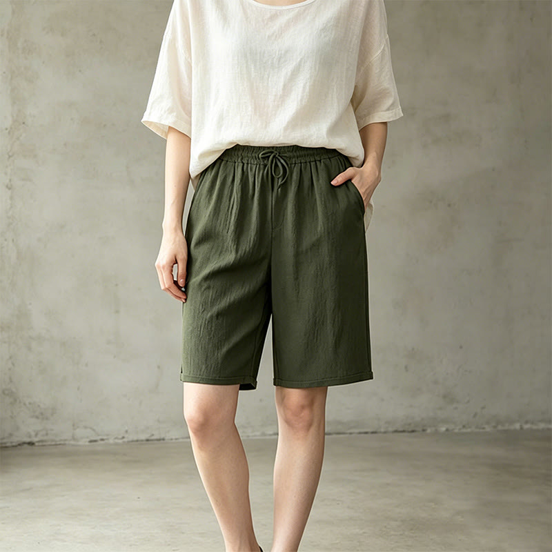 Pantaloncini Bermuda da donna a gamba dritta con coulisse, modello estivo casual con stampe Buddha Stones, con tasche. - image 9