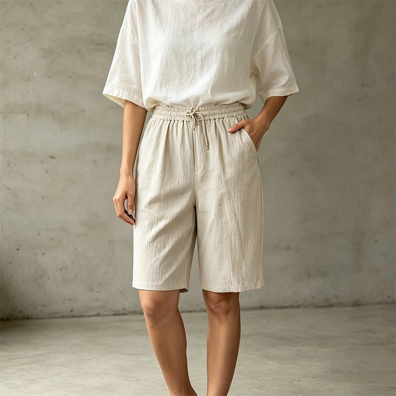 Pantaloncini Bermuda da donna a gamba dritta con coulisse, modello estivo casual con stampe Buddha Stones, con tasche. - image 2