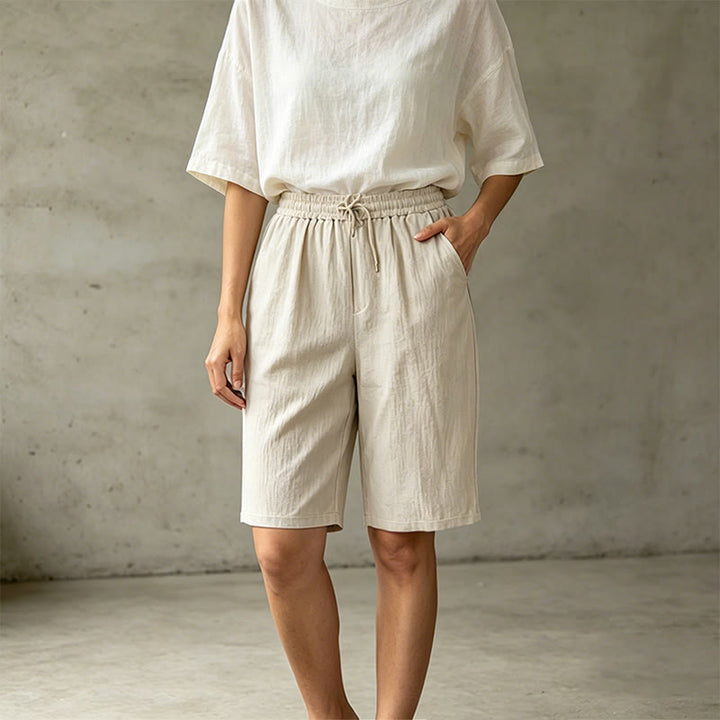 Pantaloncini Bermuda da donna a gamba dritta con coulisse, modello estivo casual con stampe Buddha Stones, con tasche. - image 2