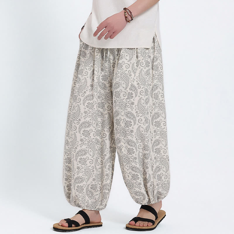 Buddha Stones Pantaloni Capri estivi boho casual con coulisse e stampa paisley, pantaloni harem da uomo con tasca - Bianco - US/UK/AU46, EU56 (5XL) - image 21