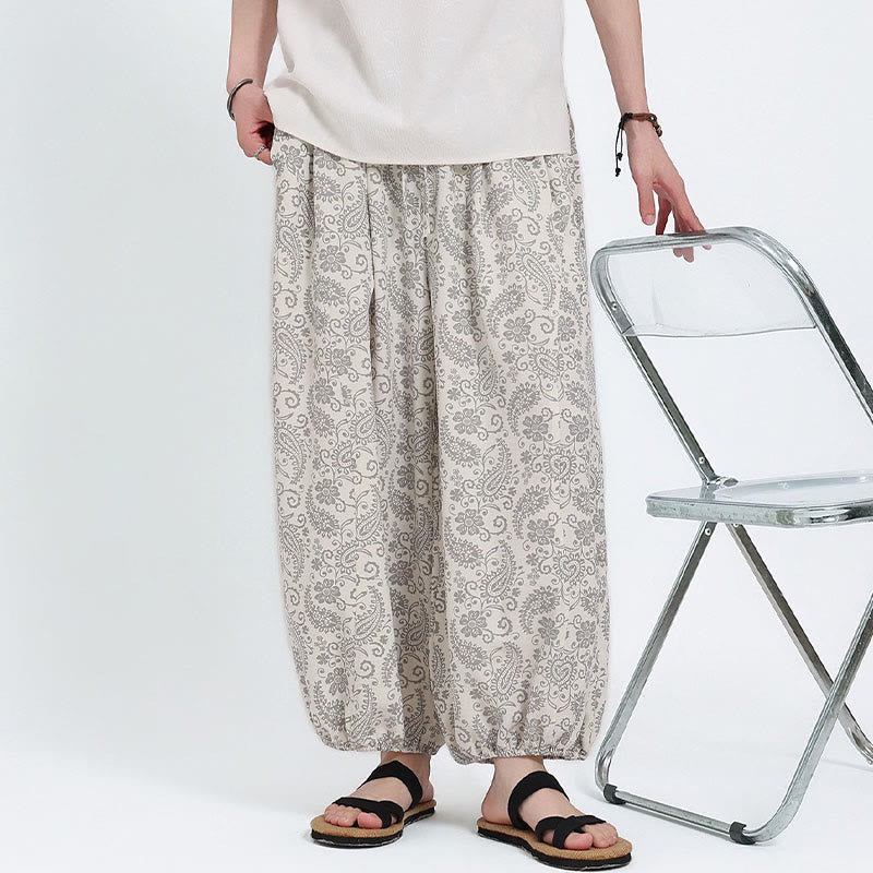 Buddha Stones Pantaloni Capri estivi boho casual con coulisse e stampa paisley, pantaloni harem da uomo con tasca - image 27