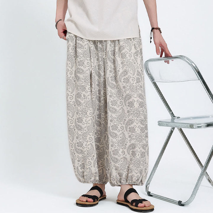 Buddha Stones Pantaloni Capri estivi boho casual con coulisse e stampa paisley, pantaloni harem da uomo con tasca - image 27