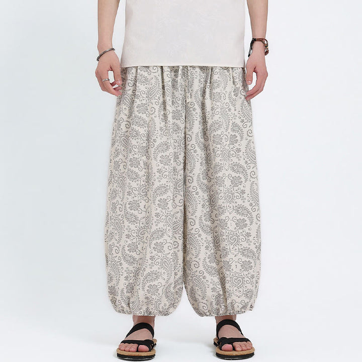 Buddha Stones Pantaloni Capri estivi boho casual con coulisse e stampa paisley, pantaloni harem da uomo con tasca - image 22