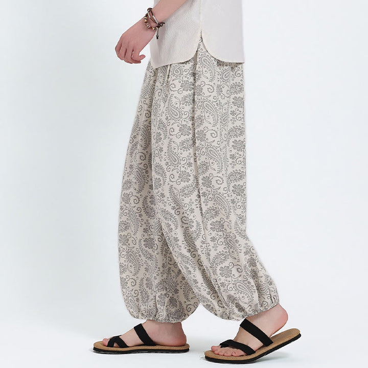 Buddha Stones Pantaloni Capri estivi boho casual con coulisse e stampa paisley, pantaloni harem da uomo con tasca - image 24