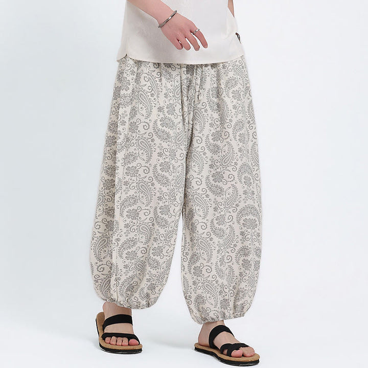 Buddha Stones Pantaloni Capri estivi boho casual con coulisse e stampa paisley, pantaloni harem da uomo con tasca - image 23