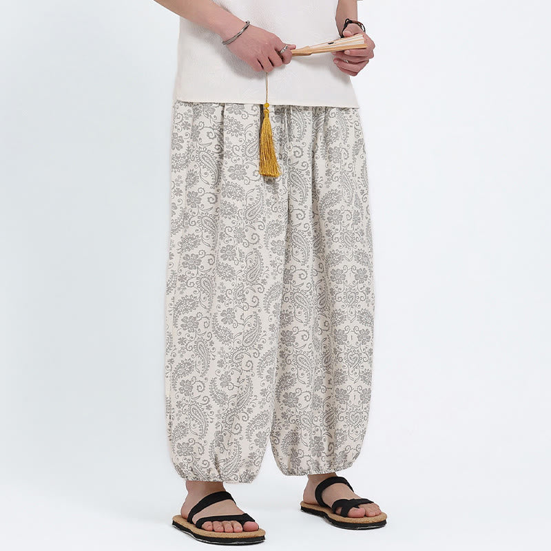 Buddha Stones Pantaloni Capri estivi boho casual con coulisse e stampa paisley, pantaloni harem da uomo con tasca - image 25