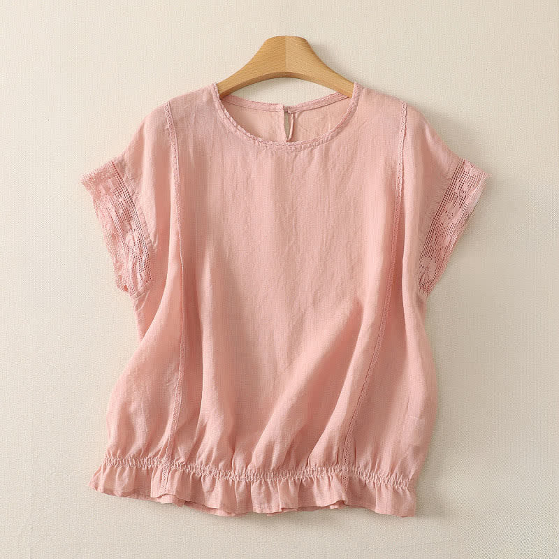 Buddha Stones T-shirt da donna a maniche corte, tinta unita, in ramia, con coulisse, orlo elasticizzato, ideale per l'estate, casual e semplice. - Rosa chiaro - US12, UK/AU16, EU44 (3XL) - image 0