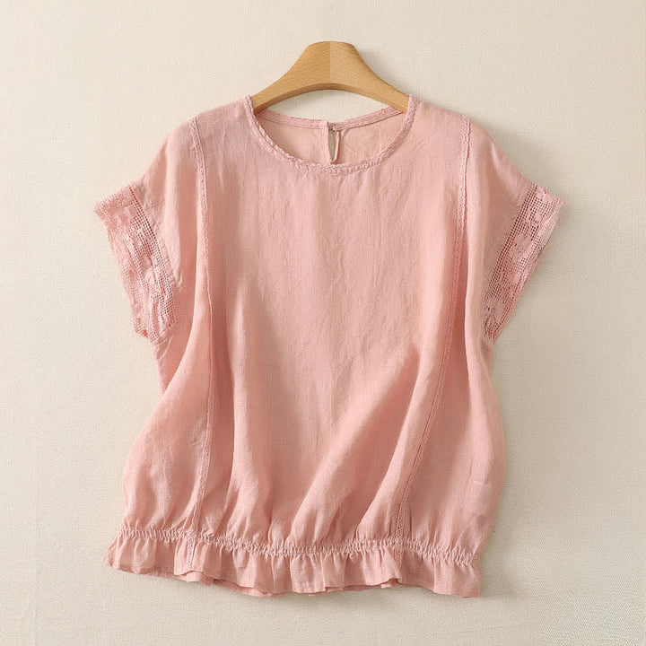 Buddha Stones T-shirt da donna a maniche corte, tinta unita, in ramia, con coulisse, orlo elasticizzato, ideale per l'estate, casual e semplice. - Rosa chiaro - US12, UK/AU16, EU44 (3XL) - image 0