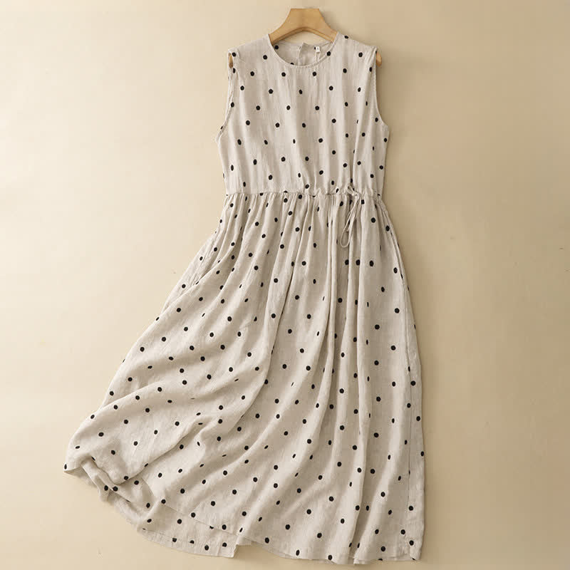 Buddha Stones Abito estivo casual vintage da donna con scollo rotondo a pois e coulisse, senza maniche e tasca. - Bianco - US8-10, UK/AU12-14, EU40-42 (2XL) - image 0