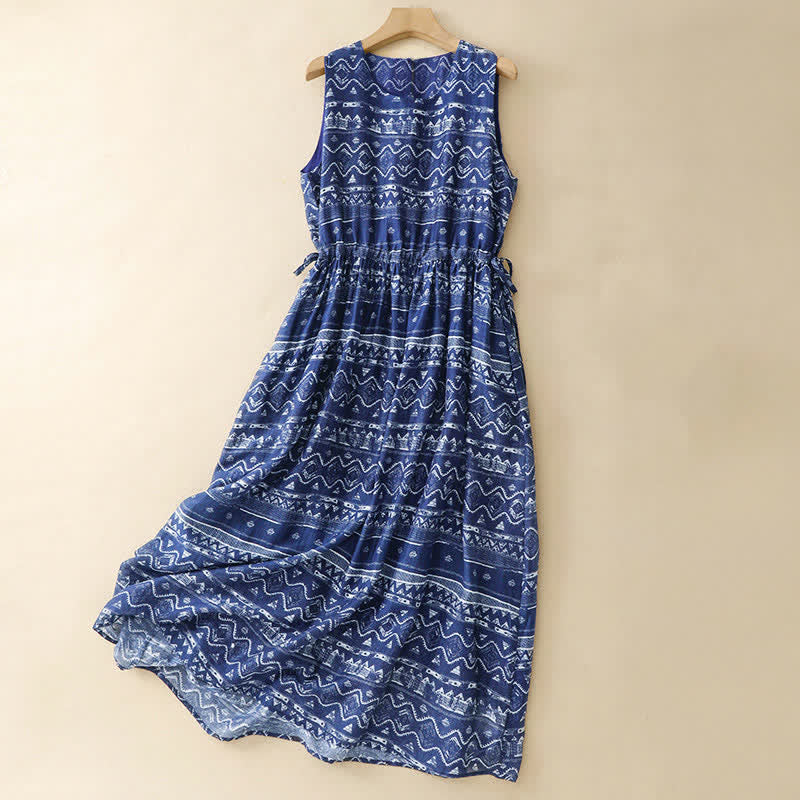Buddha Stones Abito estivo da donna senza maniche, stile boho casual, blu, con forma ondulata e geometrica, con tasca. - Blu scuro - US12, UK/AU16, EU44 (2XL) - image 0