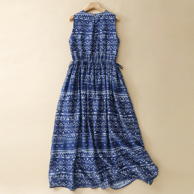 Buddha Stones Abito estivo da donna senza maniche, stile boho casual, blu, con forma ondulata e geometrica, con tasca. - image 1