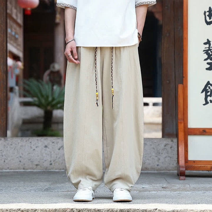 Buddha Stones Pantaloni estivi casual minimalisti con coulisse, tinta unita, alla caviglia, da uomo, a gamba dritta con tasche. - Beige - US/UK/AU46, EU56 (5XL) - image 0