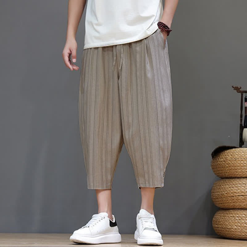 Buddha Stones Pantaloni capri estivi casual a righe con coulisse, pantaloni harem da uomo con tasca - image 5