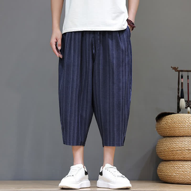 Buddha Stones Pantaloni capri estivi casual a righe con coulisse, pantaloni harem da uomo con tasca - image 22