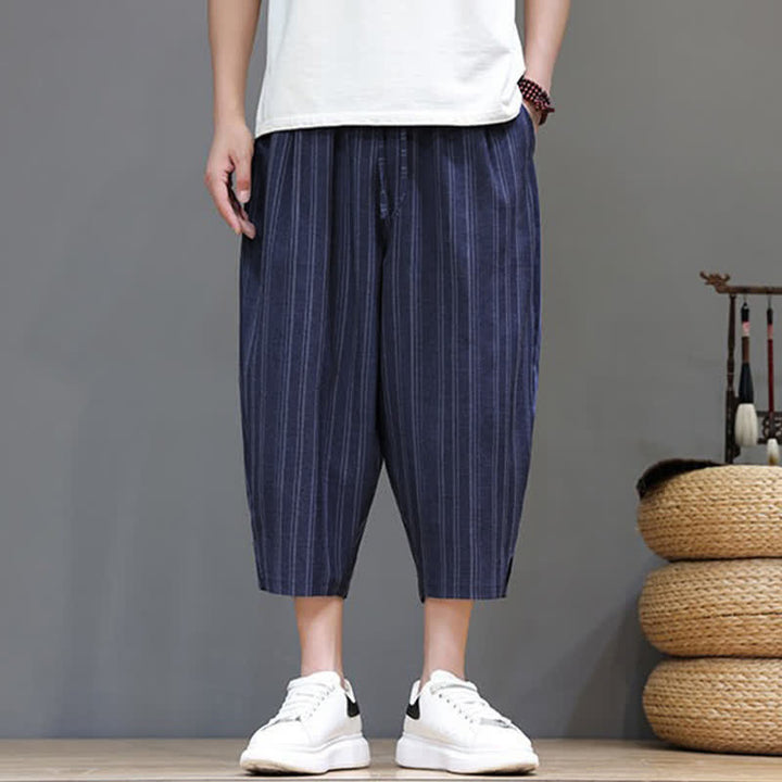 Buddha Stones Pantaloni capri estivi casual a righe con coulisse, pantaloni harem da uomo con tasca - image 22