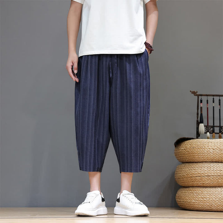 Buddha Stones Pantaloni capri estivi casual a righe con coulisse, pantaloni harem da uomo con tasca - Marina - US/UK/AU46, EU56 (5XL) - image 18