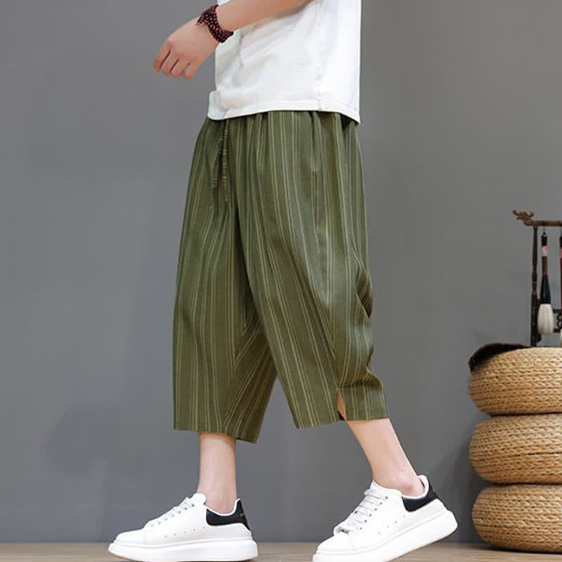 Buddha Stones Pantaloni capri estivi casual a righe con coulisse, pantaloni harem da uomo con tasca - image 27