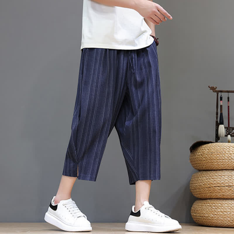 Buddha Stones Pantaloni capri estivi casual a righe con coulisse, pantaloni harem da uomo con tasca - image 19