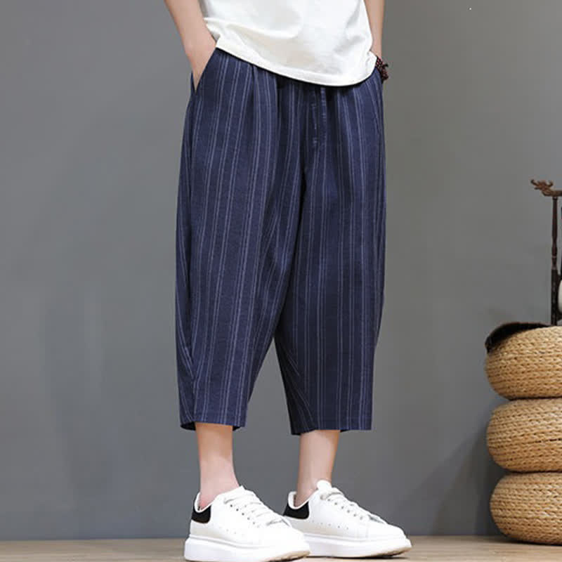 Buddha Stones Pantaloni capri estivi casual a righe con coulisse, pantaloni harem da uomo con tasca - image 23