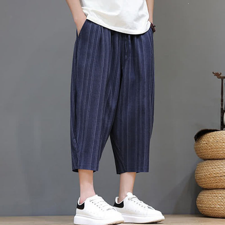 Buddha Stones Pantaloni capri estivi casual a righe con coulisse, pantaloni harem da uomo con tasca - image 23