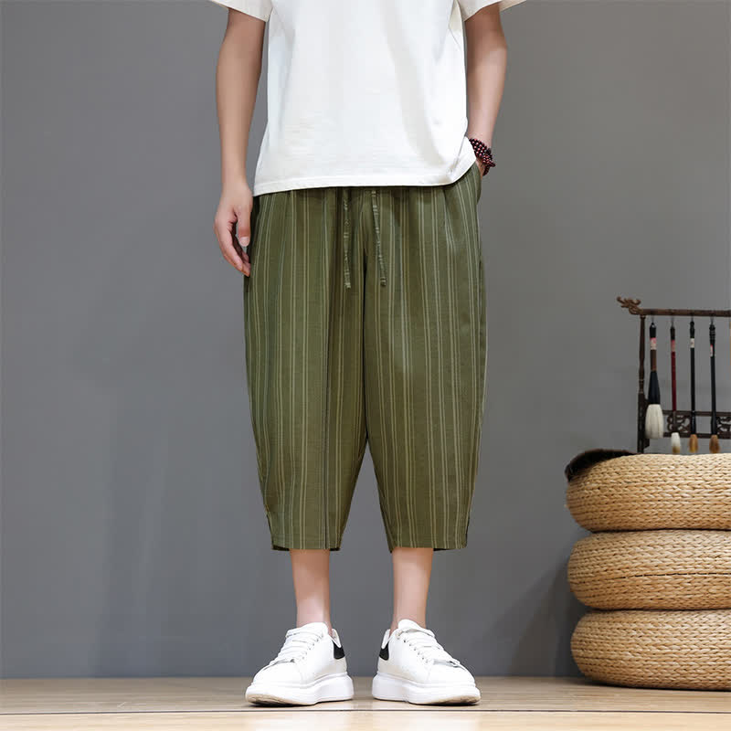 Buddha Stones Pantaloni capri estivi casual a righe con coulisse, pantaloni harem da uomo con tasca - Verde oliva scuro - US/UK/AU46, EU56 (5XL) - image 26