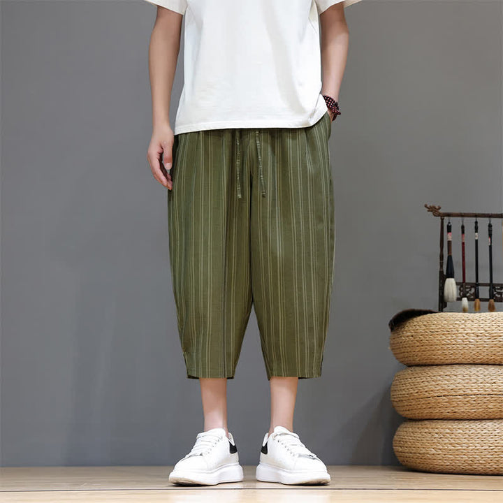 Buddha Stones Pantaloni capri estivi casual a righe con coulisse, pantaloni harem da uomo con tasca - Verde oliva scuro - US/UK/AU46, EU56 (5XL) - image 26
