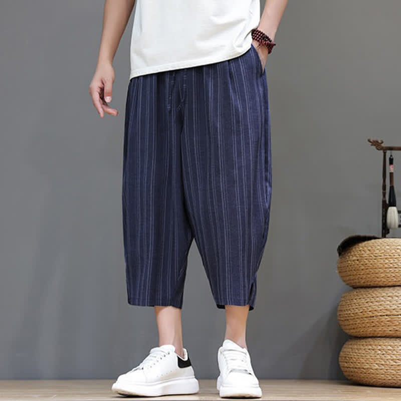 Buddha Stones Pantaloni capri estivi casual a righe con coulisse, pantaloni harem da uomo con tasca - image 20
