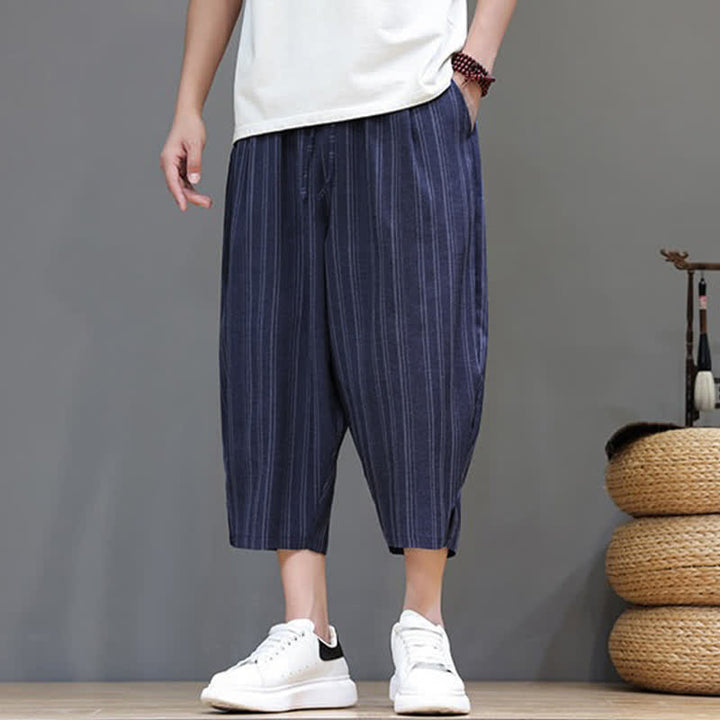 Buddha Stones Pantaloni capri estivi casual a righe con coulisse, pantaloni harem da uomo con tasca - image 20