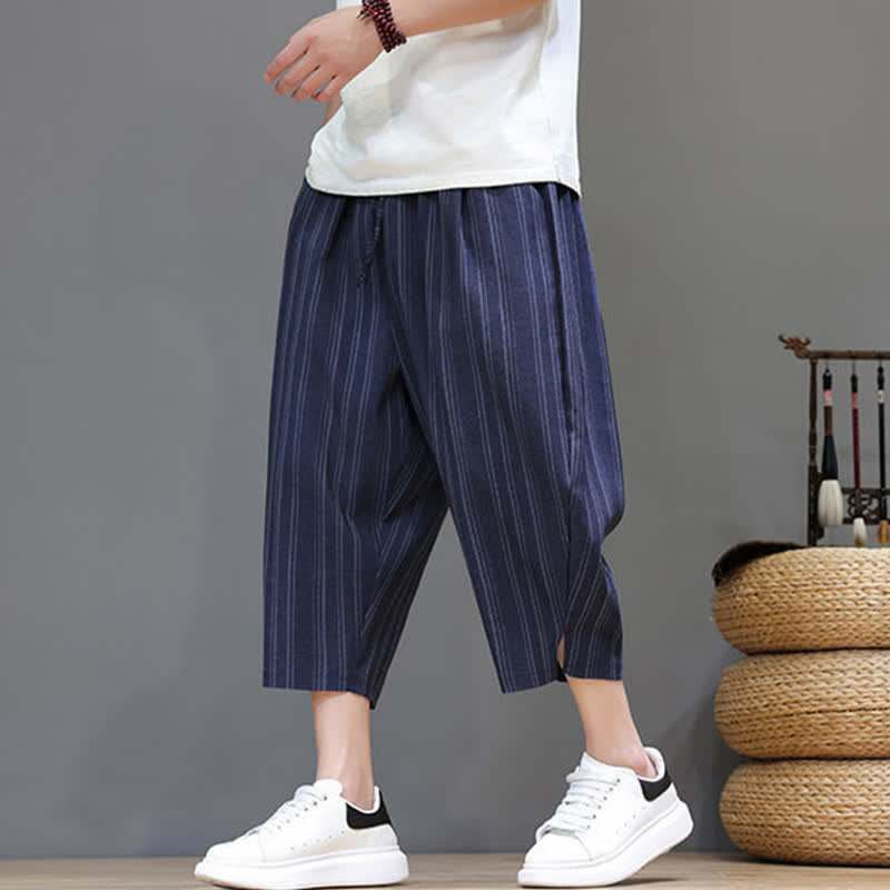 Buddha Stones Pantaloni capri estivi casual a righe con coulisse, pantaloni harem da uomo con tasca - image 24