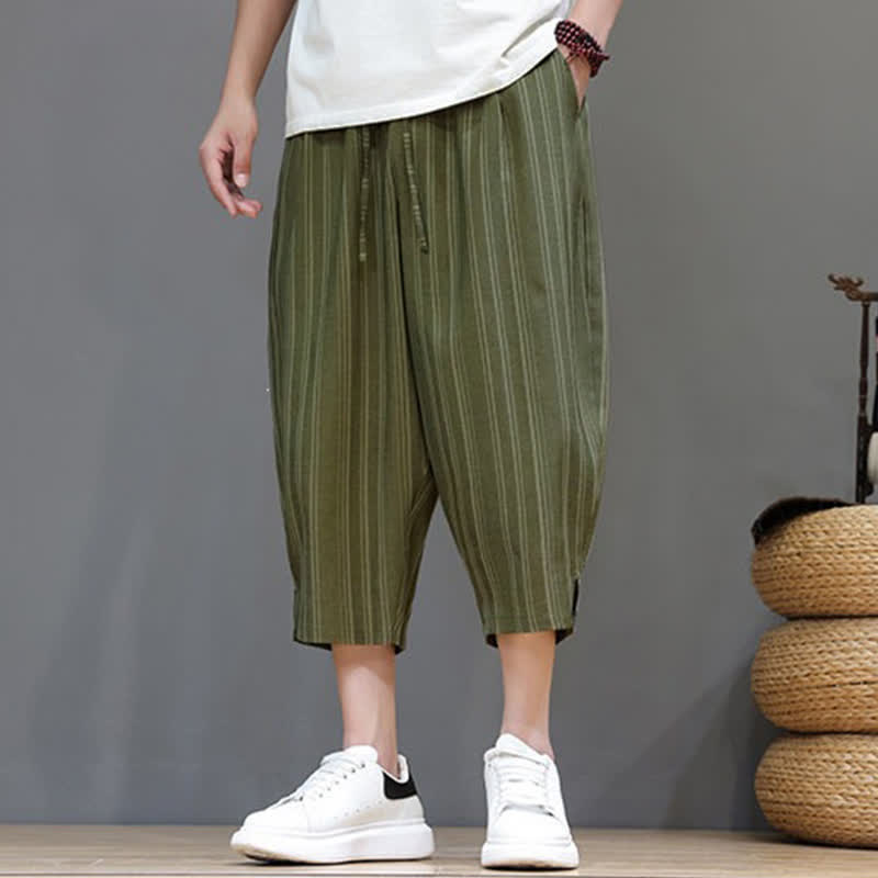 Buddha Stones Pantaloni capri estivi casual a righe con coulisse, pantaloni harem da uomo con tasca - image 31
