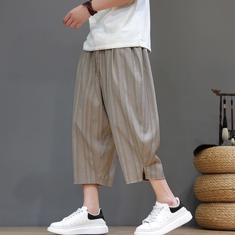 Buddha Stones Pantaloni capri estivi casual a righe con coulisse, pantaloni harem da uomo con tasca - image 2