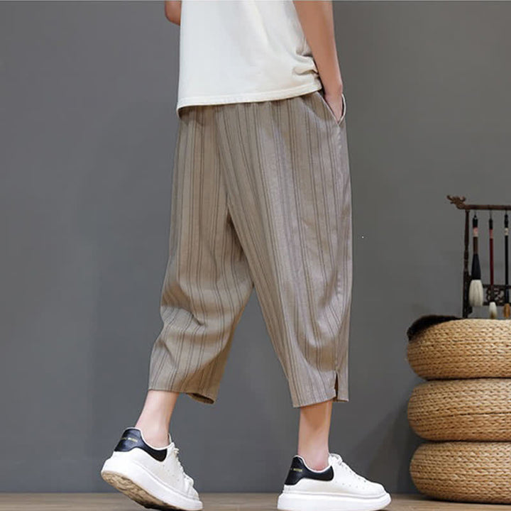Buddha Stones Pantaloni capri estivi casual a righe con coulisse, pantaloni harem da uomo con tasca - image 3