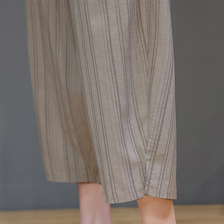 Buddha Stones Pantaloni capri estivi casual a righe con coulisse, pantaloni harem da uomo con tasca - image 9