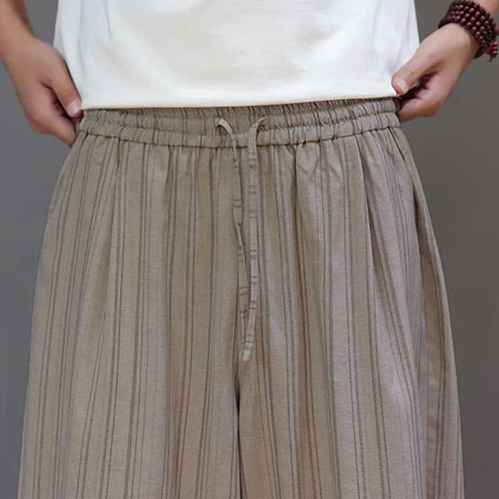 Buddha Stones Pantaloni capri estivi casual a righe con coulisse, pantaloni harem da uomo con tasca - image 7