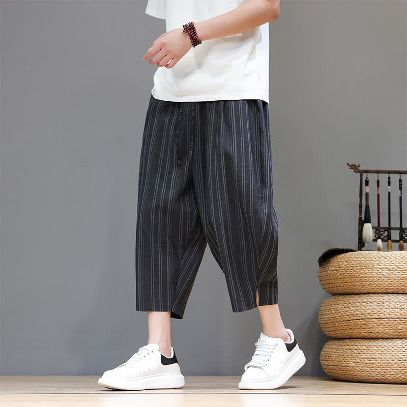 Buddha Stones Pantaloni capri estivi casual a righe con coulisse, pantaloni harem da uomo con tasca - Nero - US/UK/AU46, EU56 (5XL) - image 10